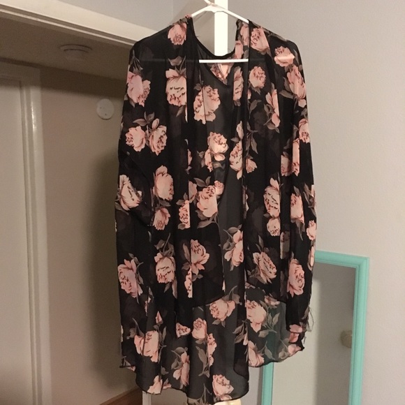 Black Peach Floral Cover Shawl Sheer - Picture 1 of 3